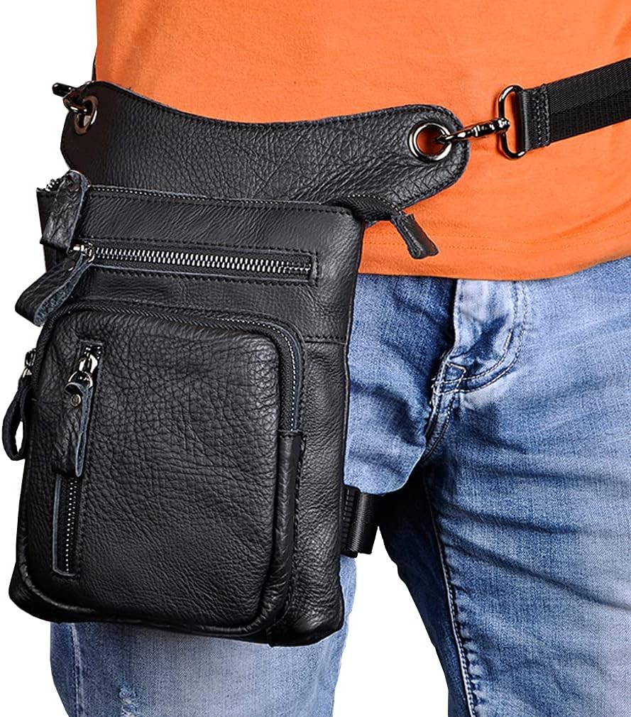 Leather Waist Pack Drop Leg Bag for Men Women Belt Bumbag Multi-Purpose Motorcycle Bike Outdoor Sports Tactical Cycling Riding Hiking Camping Pouch
