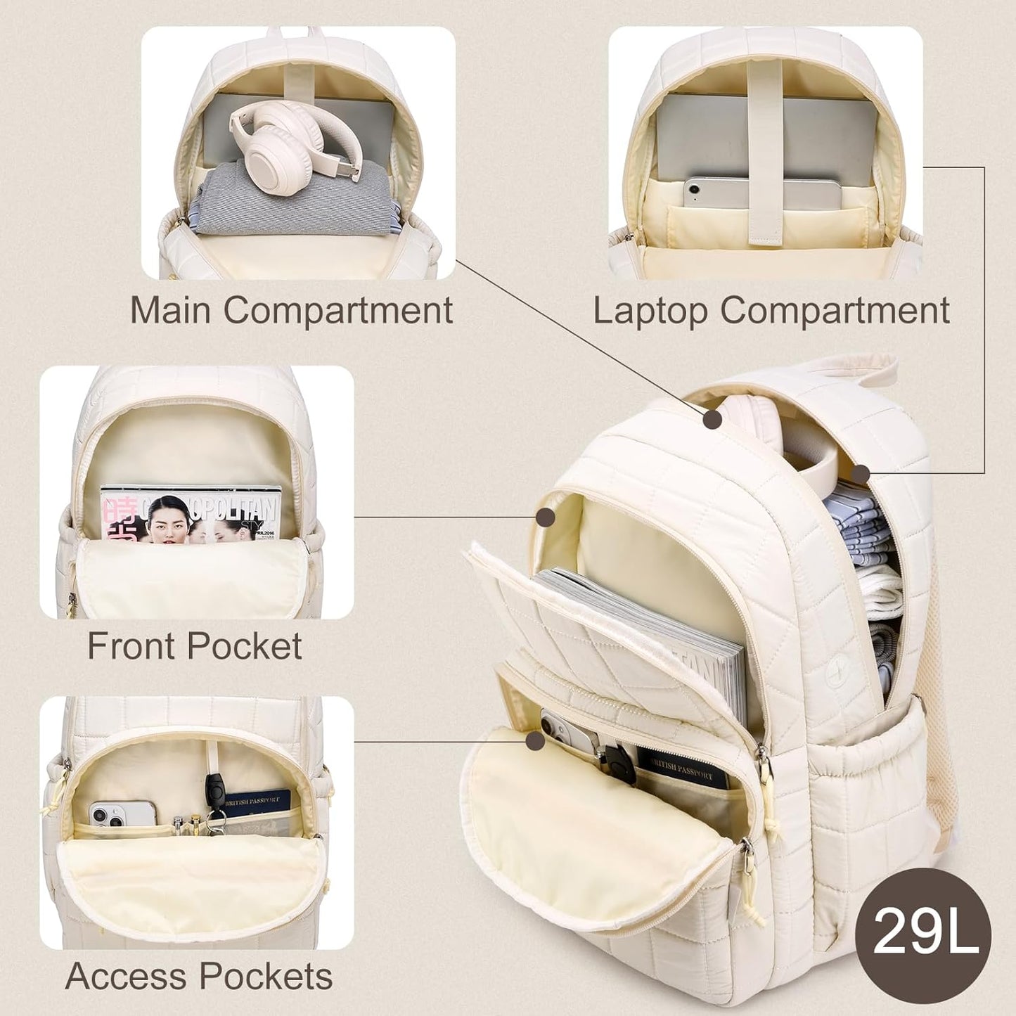 Laptop Backpack for Women College Travel,Quilted Daypack Bookbag for School Teen Girls Mochilas Mujer,Beige