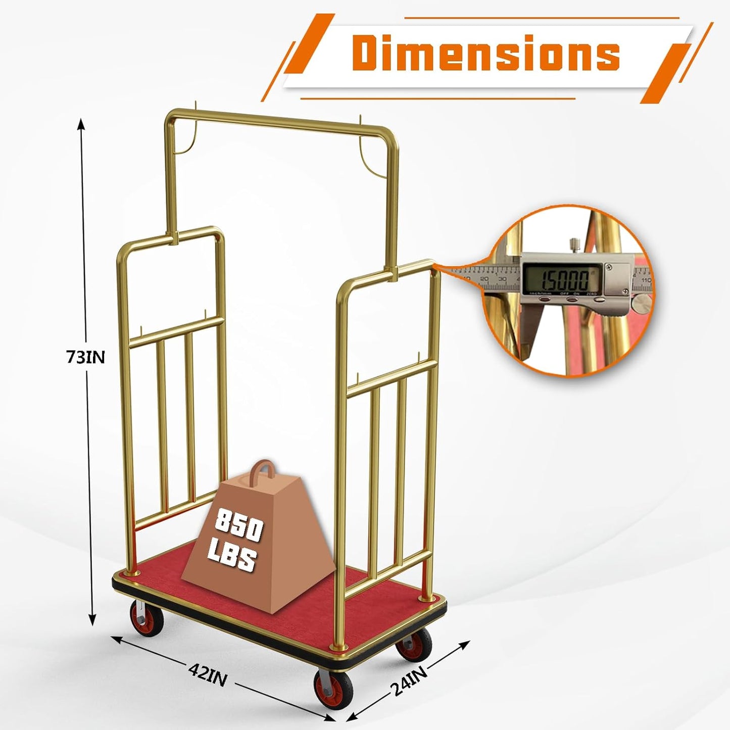 Gold Hotel Luggage Cart,42"x24" Bellman Cart with Baffle Guardrail and 6In Caster Weight Capacity Up to 850LBS Provide Convenience to Guest Gold Finished Hotel Cart Add Elegance to Hotel&Resort