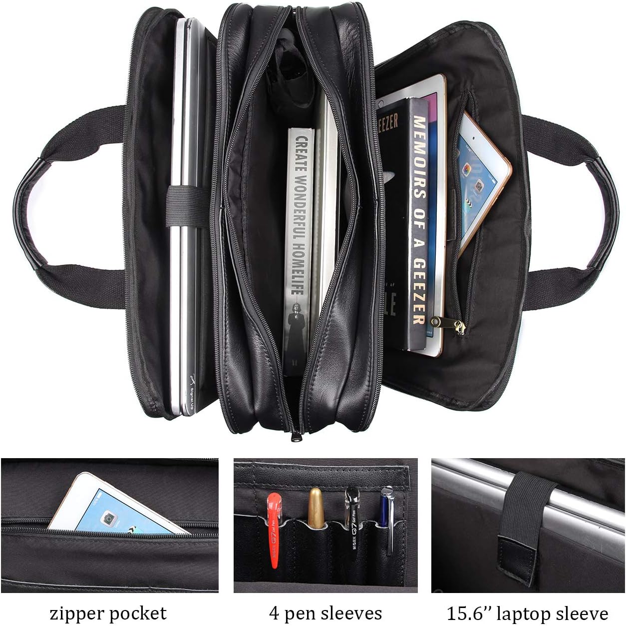Augus Leather Briefcase for Men Business Travel Messenger Bags 15.6 Inch Laptop Bag, Black