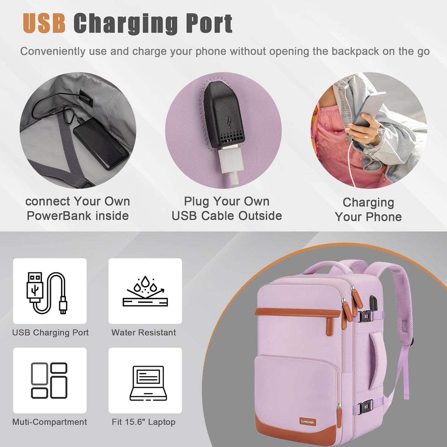 40L Travel Backpack with USB Charging Port, Water-Resistant Carry On Backpack for Men Women
