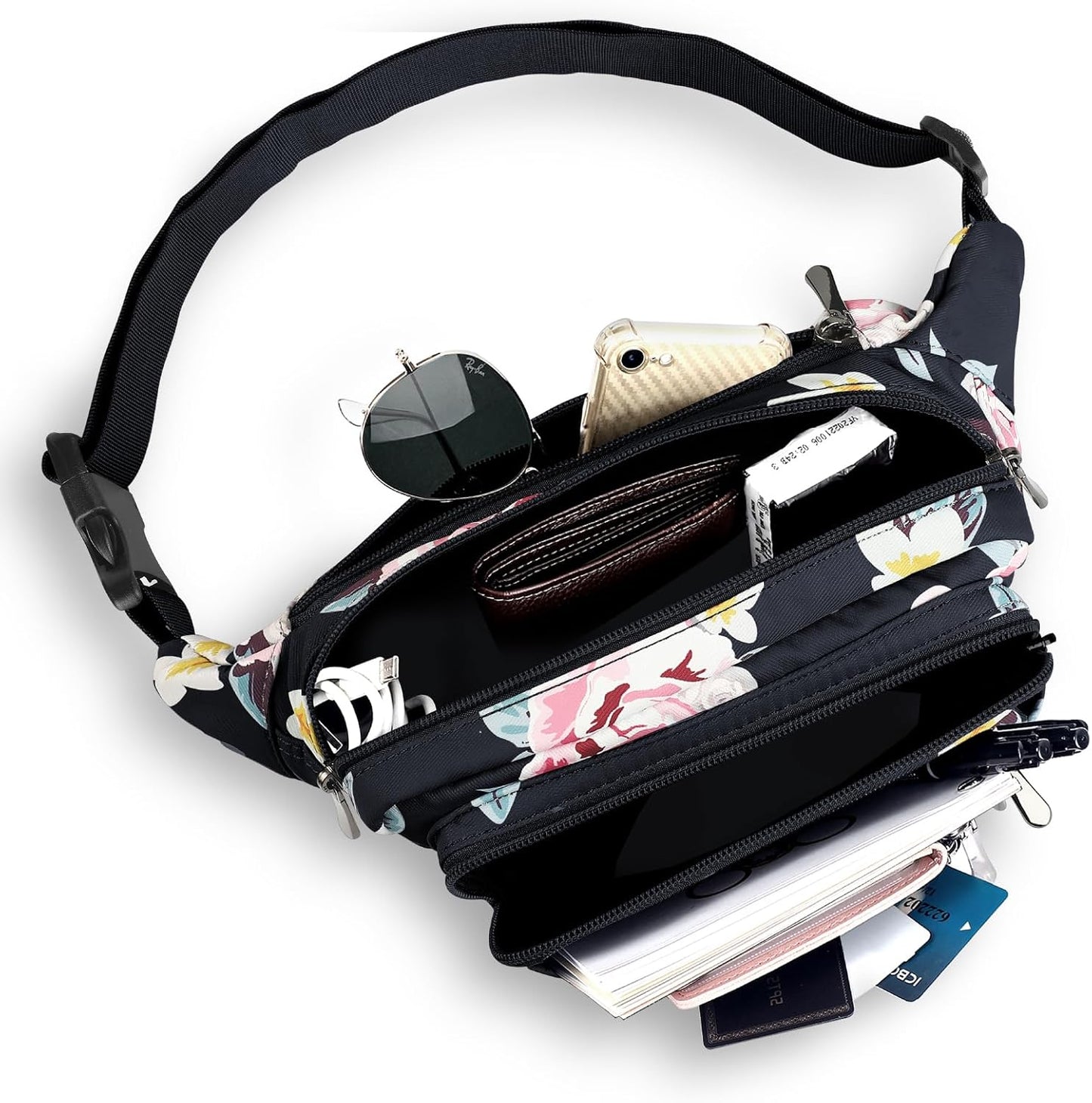 Waist Pack Bag Fanny Pack for Men&Women Hip Bum Bag with Adjustable Strap for Outdoors Workout Traveling Casual Running Hiking Cycling (New Black Flowers)