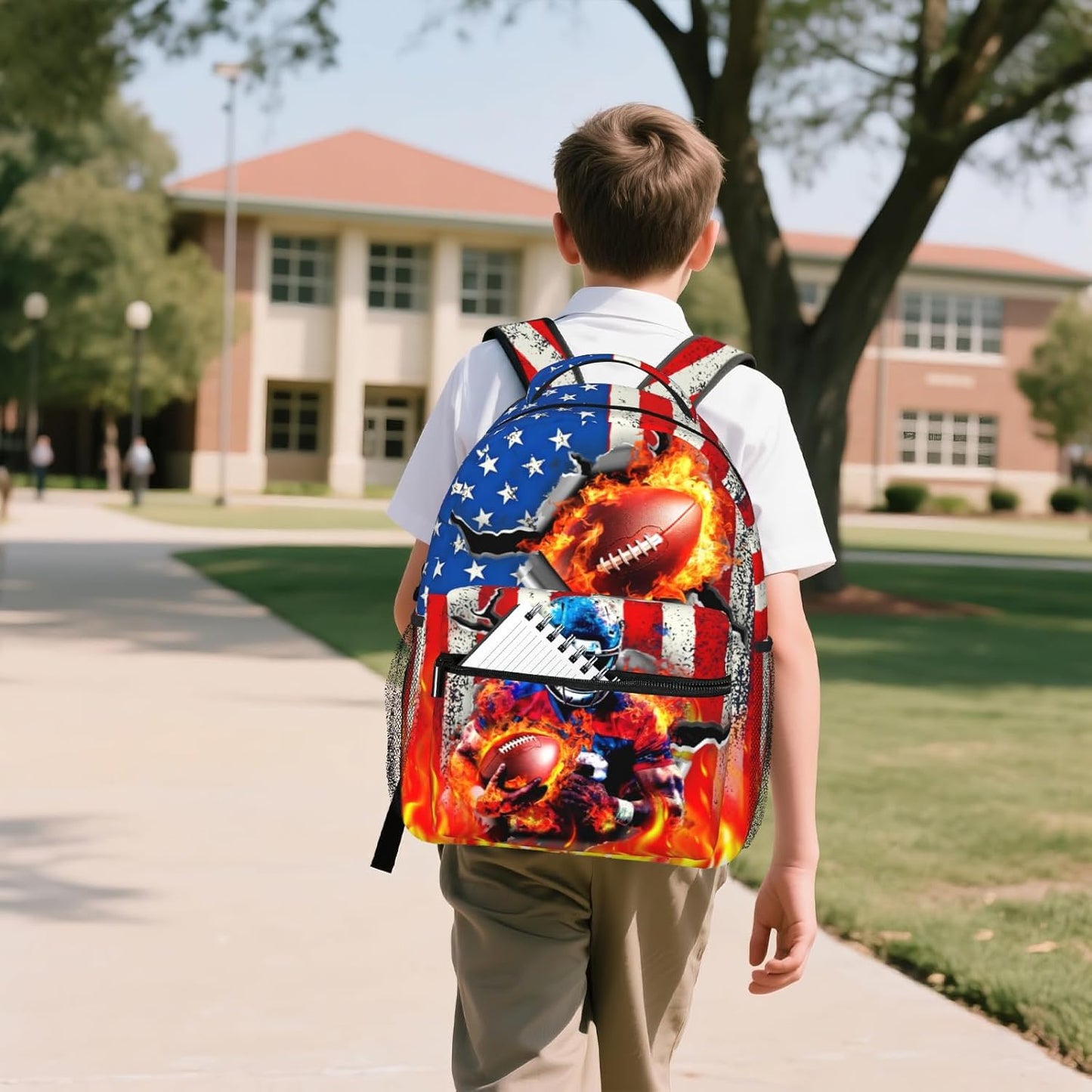 American Football School Backpack for Boys Sports Theme Backpack for Kid Boys Ages 6-18 Elementary Middle School Students Kids' Backpacks Football American Flag Bookbag Travel Back Pack