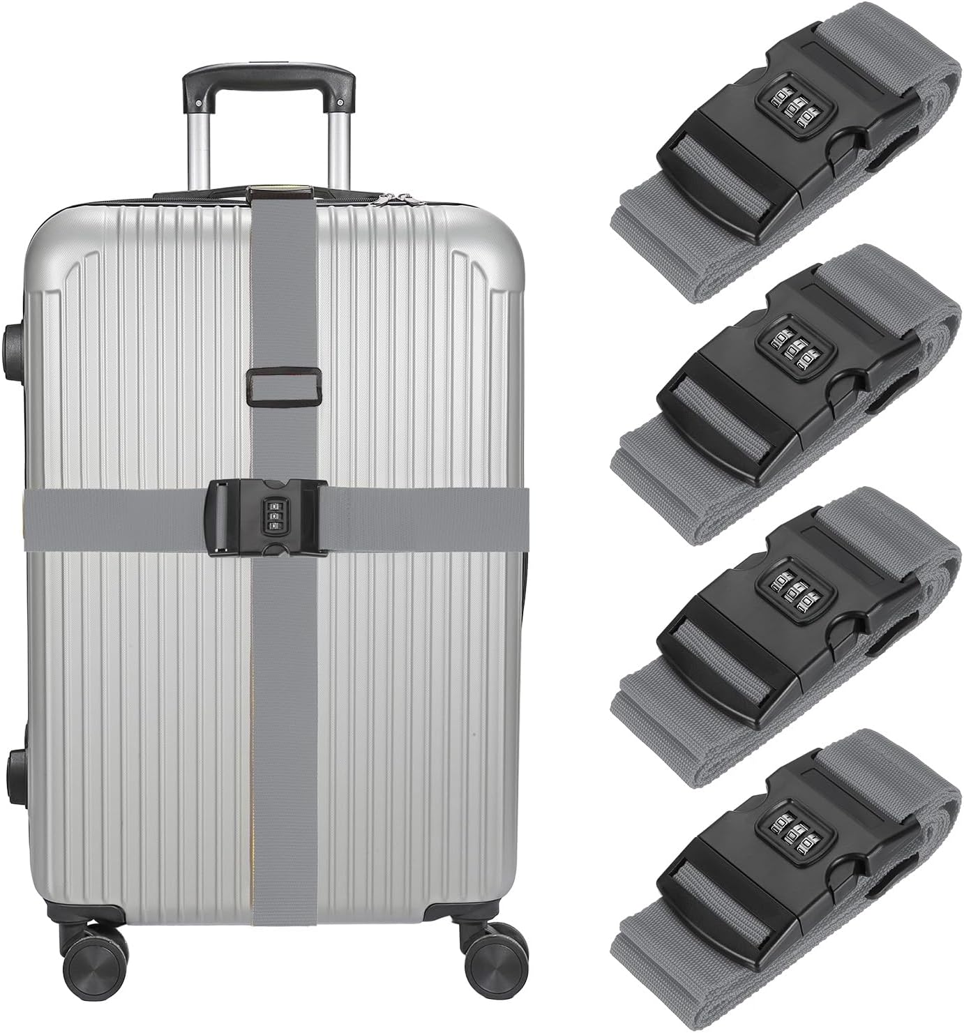 MECCANIXITY Luggage Straps with Combination Lock Adjustable Suitcase Belt Strap for Suitcase Briefcase Backpack Travel, Gray, Pack of 4