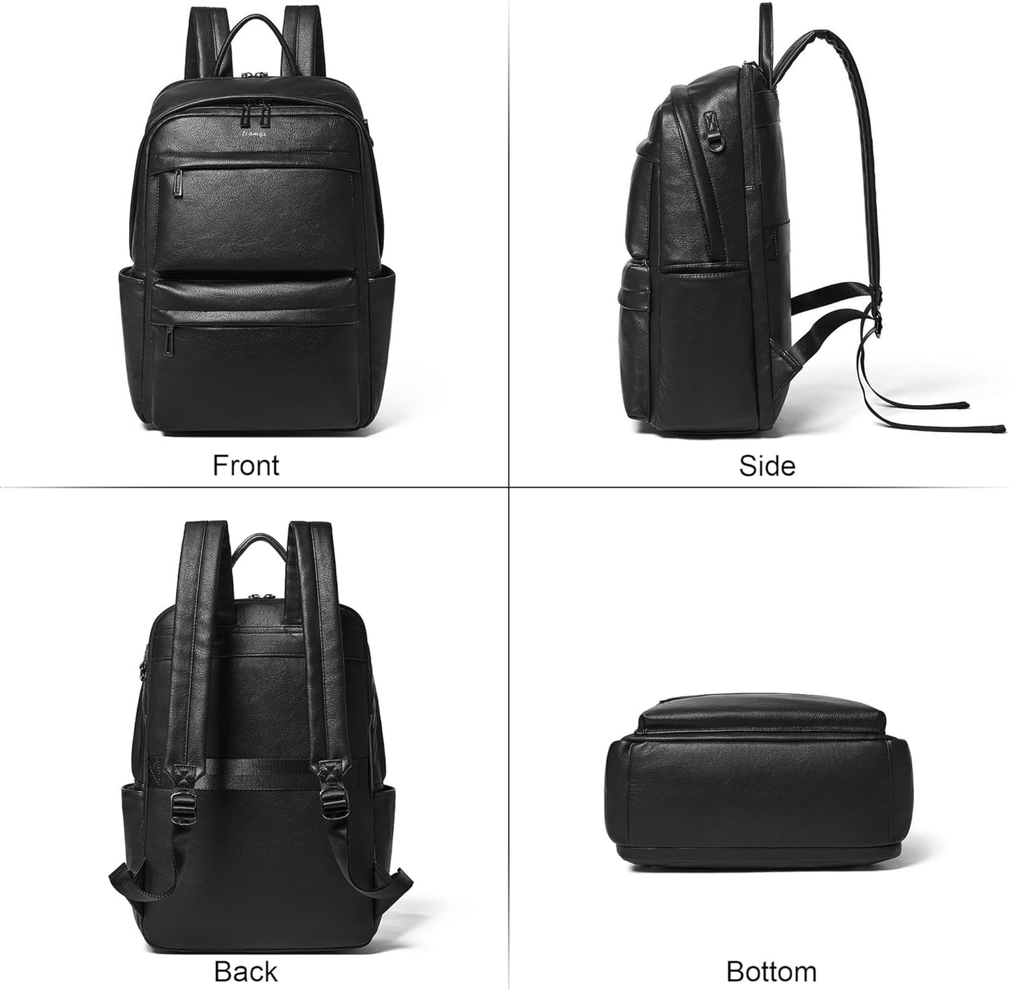 Leather Laptop Backpack for Women, Fits 15.6 Inch Laptop, Leather Backpack with 2 Water Bottle Pockets, Hidden Zipper and Luggage Strap, Ideal for Work, Travel, College, Everyday Use, Black