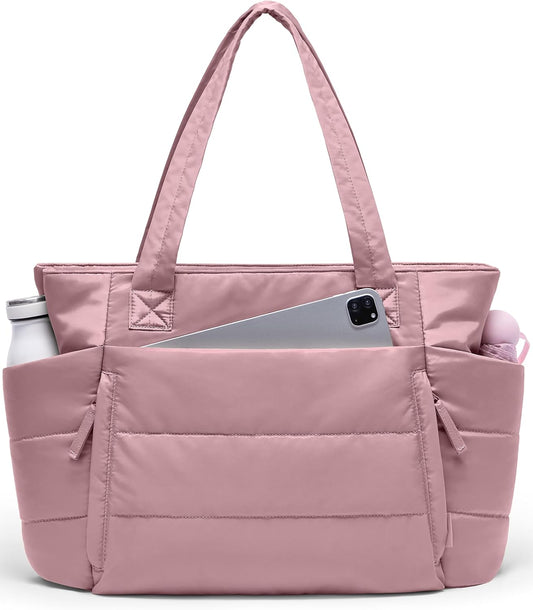 Tote Bag for Women with Zipper, Quilted Puffer Tote Bag with Compartments, Lightweight Puffy Work Bags for Women Travel