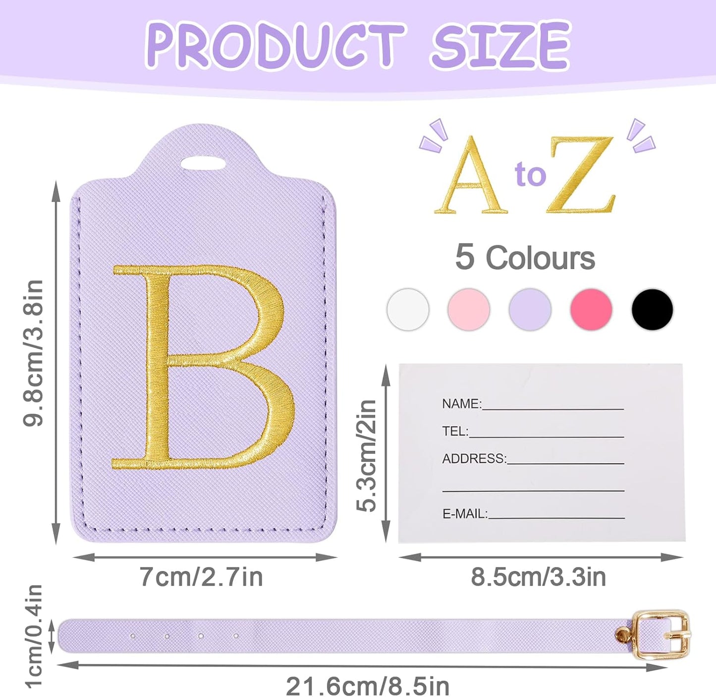 Initial Luggage Tags for Suitcases, Cute Embroidered Letter Luggage Bag Suitcase Identifier Name Baggage Tag, PU Leather Travel Luggage Tags, Bag Tags for Men Women Kids Luggage Handbags(Purple B)