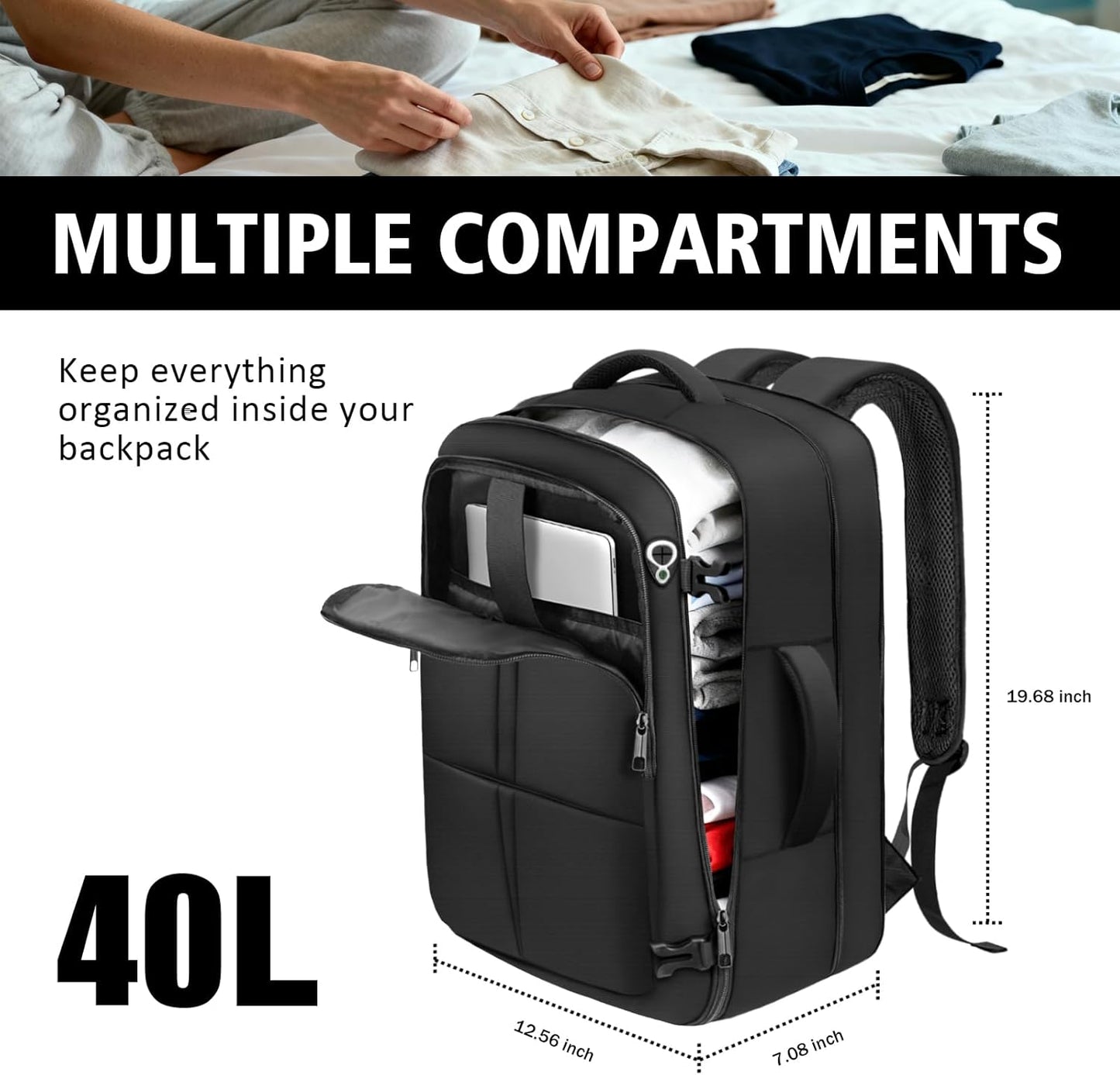 Travel Backpack, Extra Large 50L Flight Approved Carry on Backpack, Expandable Waterproof Business Suitcase Daypack Big Bag Fits 18.4 Inch Laptop, Black