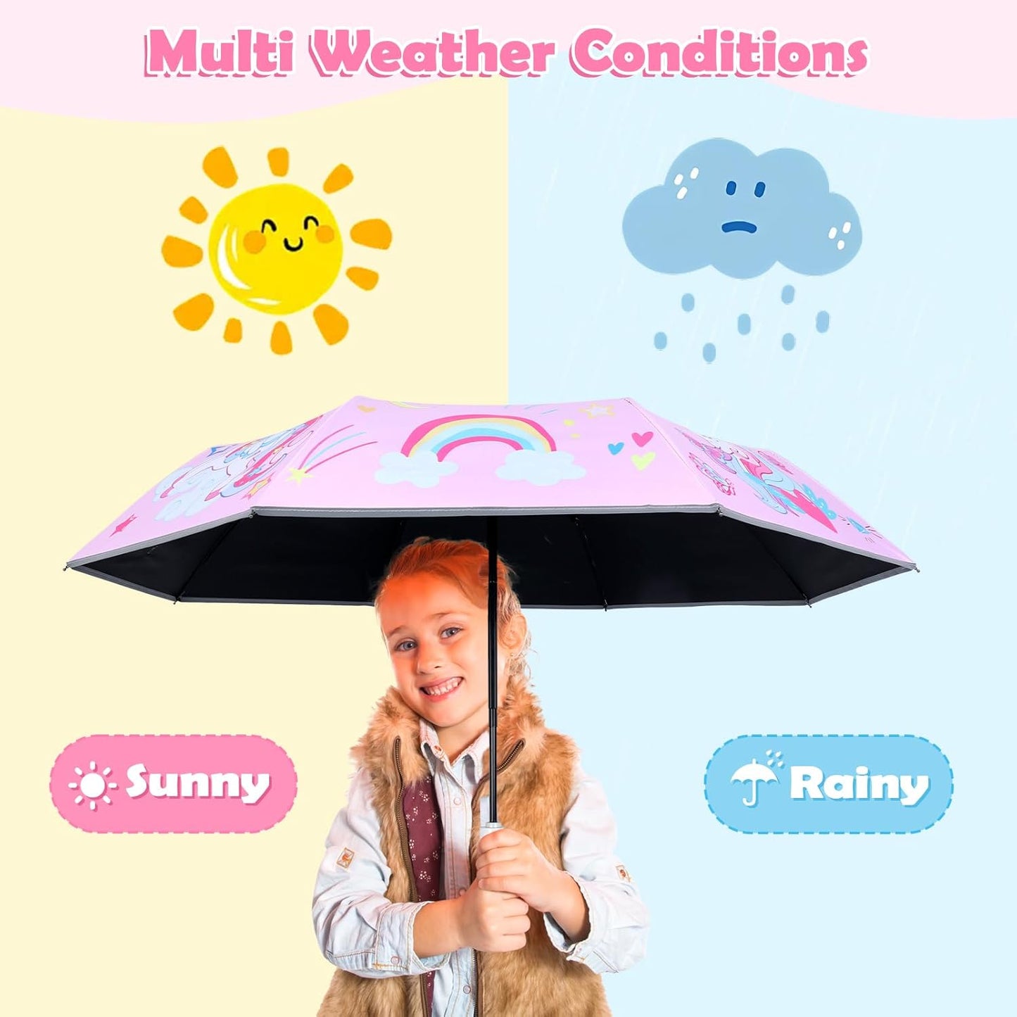 Kids Folding Umbrella Toddler Umbrella with UV Protection Portable Auto Open/Close Anti-rebound Safe Design Windproof, Compact, Lightweight Cute Umbrella for Girls & Boy