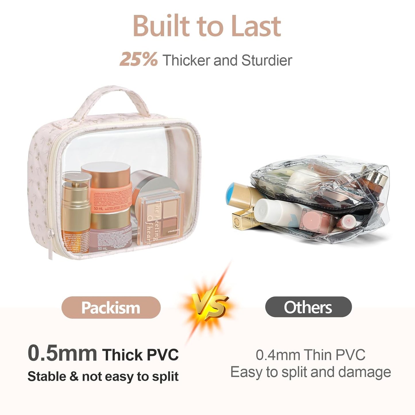 PACKISM Clear Makeup Bag - 2 Pack TSA Approved Toiletry Bag with Handle and 180° Large Opening