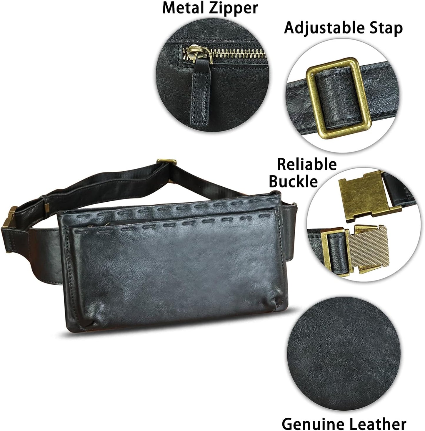 LRTO Genuine Leather Waist Bag Fanny Packs Hip Bag for Women and Men Real Leather Small Fanny Bag Sling Bag Crossbody Bags Chest Purses (Black), LRTO-15006