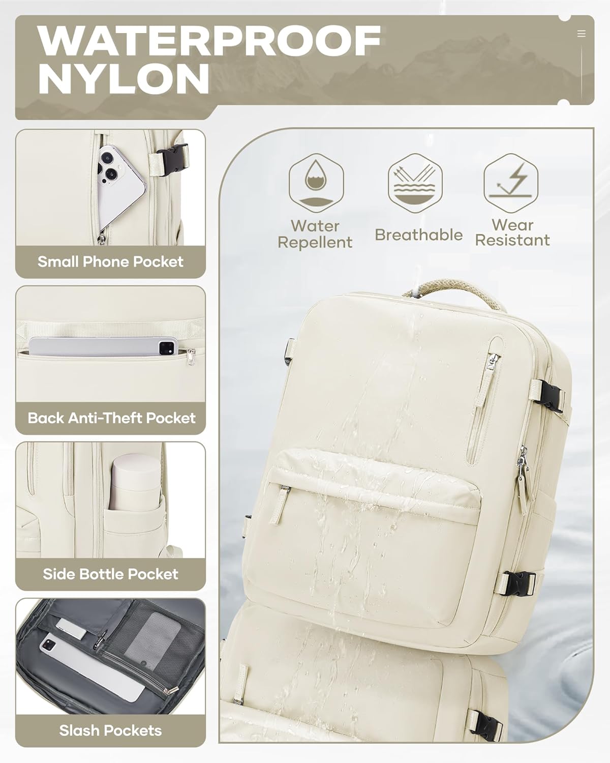 Travel Vacuum Backpack for Women Men, 33L Large Carry on Luggage Spirit United Flight Approved, 18×14×8IN Personal Item Travel Bag with Wet Dry Separation Pocket USB Charging, Beige