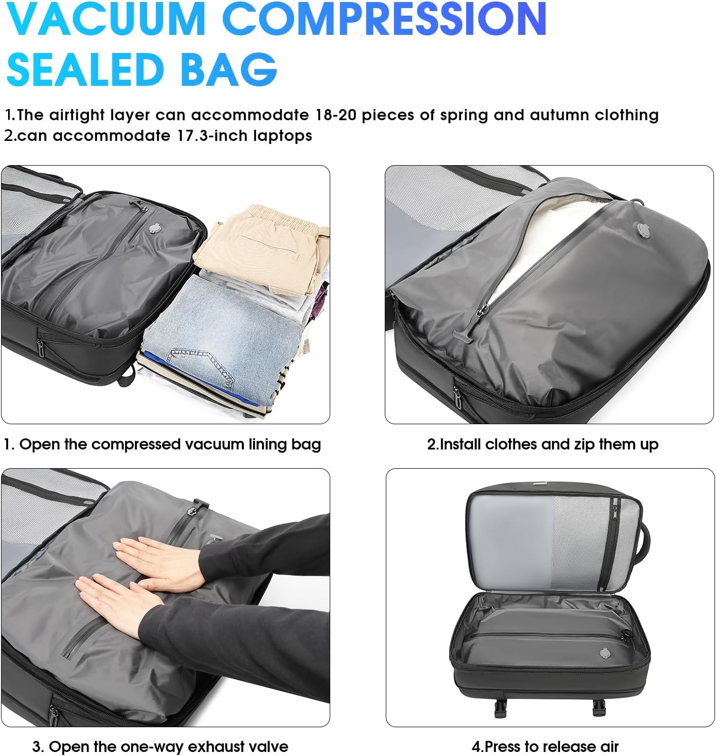 Vacuum Backpack for Men, 50L Expandable Travel Backpack With Vacuum Seal System, Water Resistant 17.3 Inches Laptop Backpack with USB Charging Port-Not Vaccum Pump Included