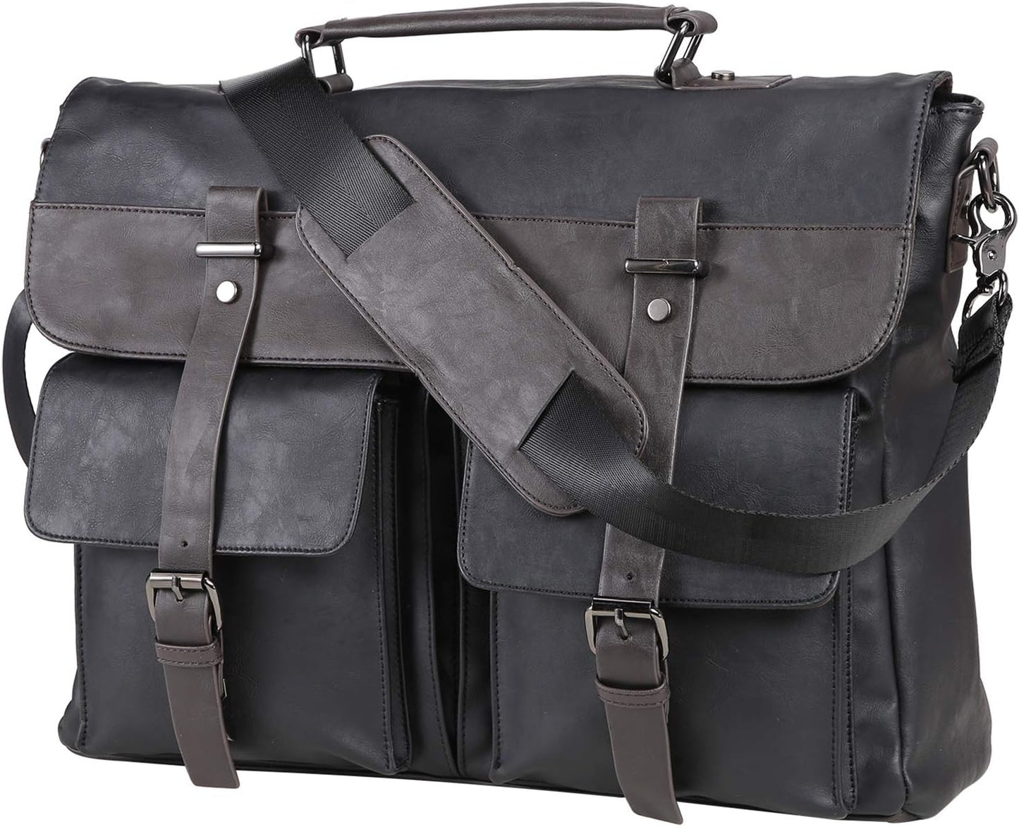 seyfocnia Men's Vintage Black 17.3 Inch Water Resistant PU Leather Laptop Bag, Messenger Bag