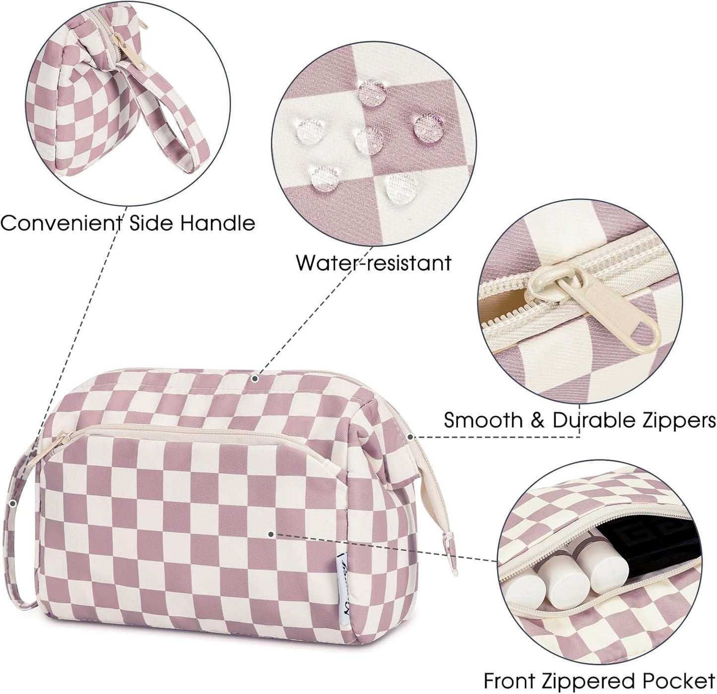 Narwey Checkered Makeup Bag Women Wide-open Make up Bag Travel Cosmetic Bag Organizer Toiletry Bag for Cosmetics Toiletries Accessories (Dusty Rose Checkerboard)