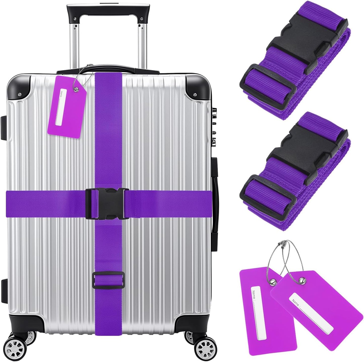 2-Sets Luggage Straps TSA Approved, Travel Straps for Luggage Suitcase Tags Set, Adjustable Suitcase Belt [Purple]
