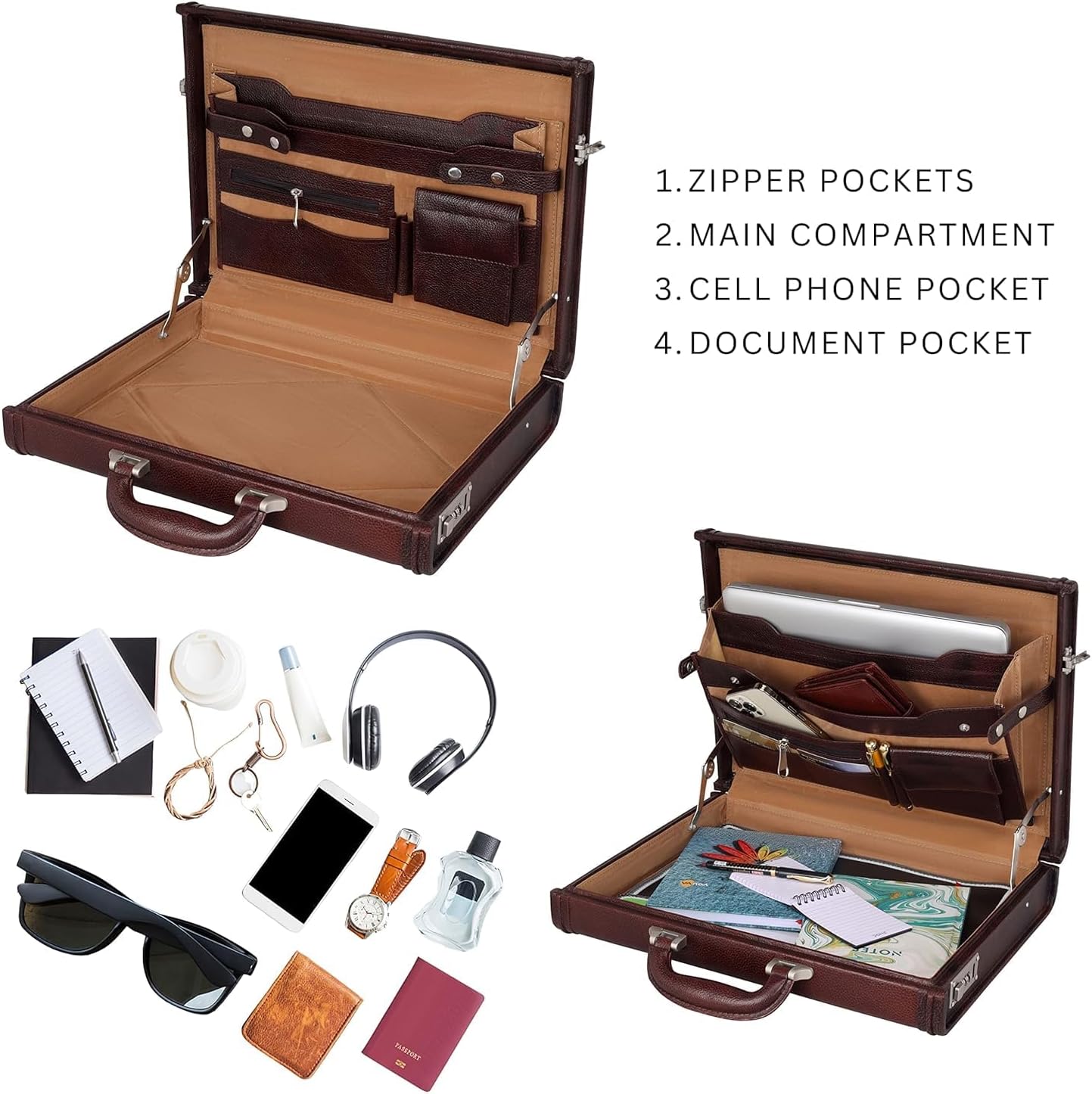 Luxury Italian Leather Hard Attache Briefcase for Men Office Use Business Briefcase Color Brown