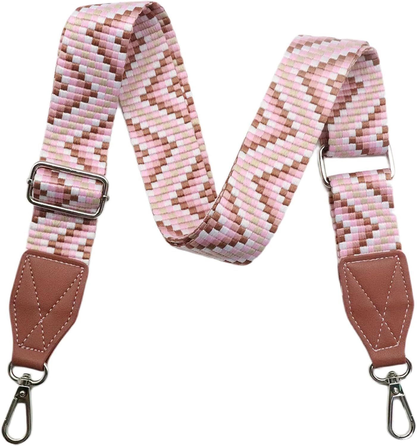 Adjustable Rose Purse Strap with Brown Leather End - 1.5" Wide Handbags, Camera, Guitar, Phone & Crossbody Bag Replacement Shoulder Straps(Silver Hardware)