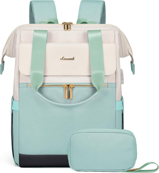 LOVEVOOK Laptop Backpack for Women, 15.6 Inch Work Laptop Bag with USB Port, Fashion Teacher Nurse Backpack Purse, Waterproof Travel Computer Backpack with Organizer Bag, 2PCS, Beige-Mint Green