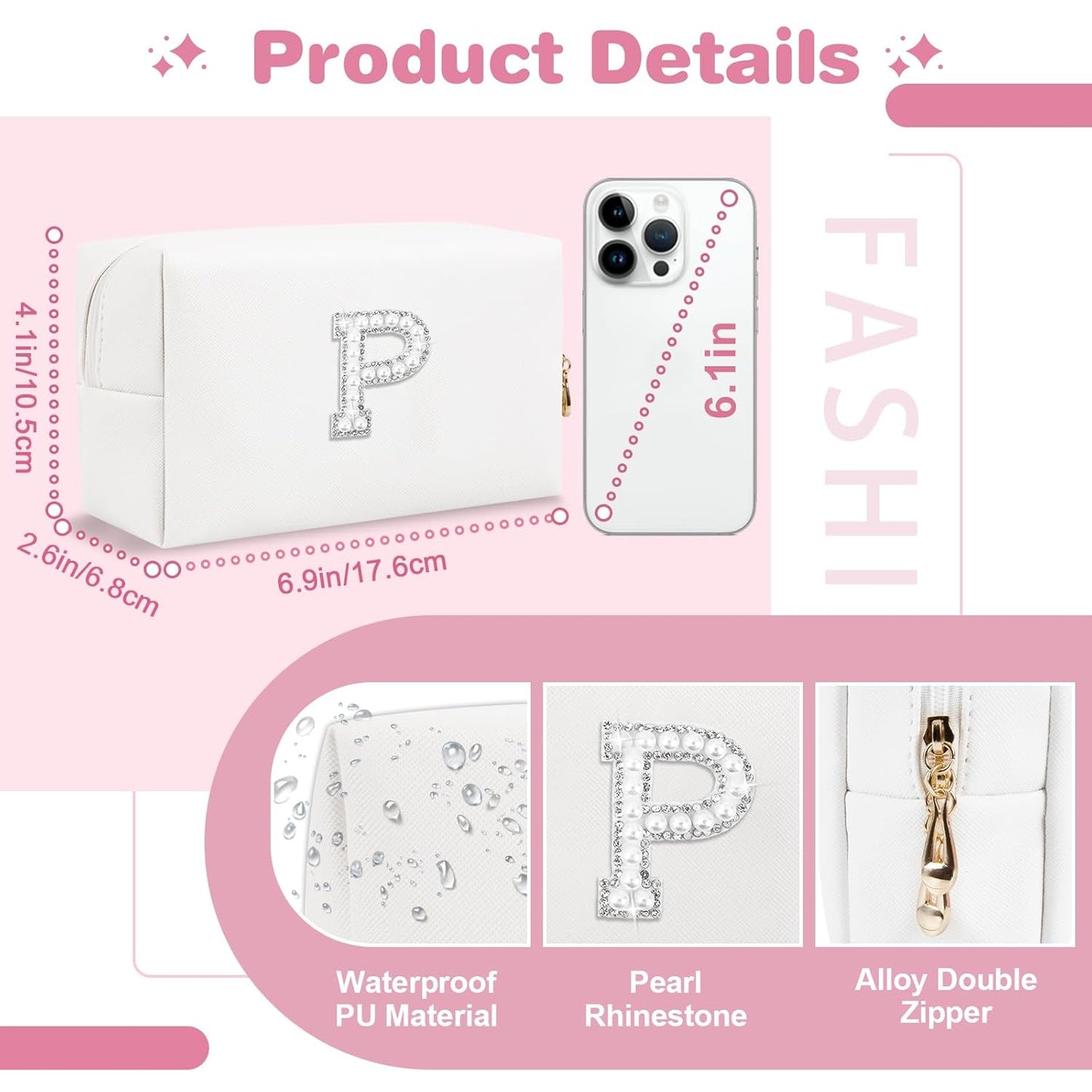Bride Gifts – Personalized Initial Makeup Bag with Pearl Rhinestone Patch, Preppy White Monogram Cosmetic/Toiletry Pouch, bridesmaid Gifts, Bridal Shower Gifts, Wedding Gifts, Bridal Gifts,P