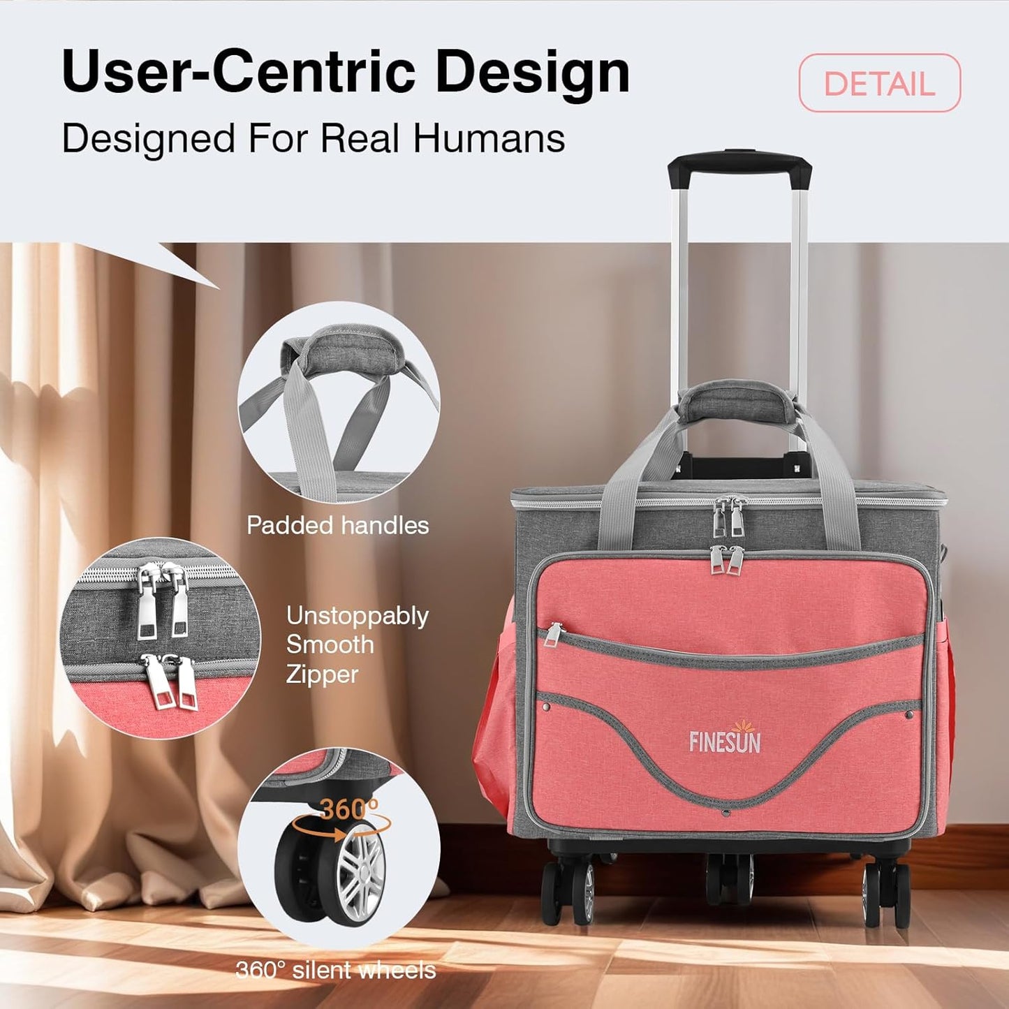 Rolling Tote Bag for Women Teacher Bag Rolling Cart Briefcase with Wheels Carry on Wheeled Bag for Work,Office,Craft Pink