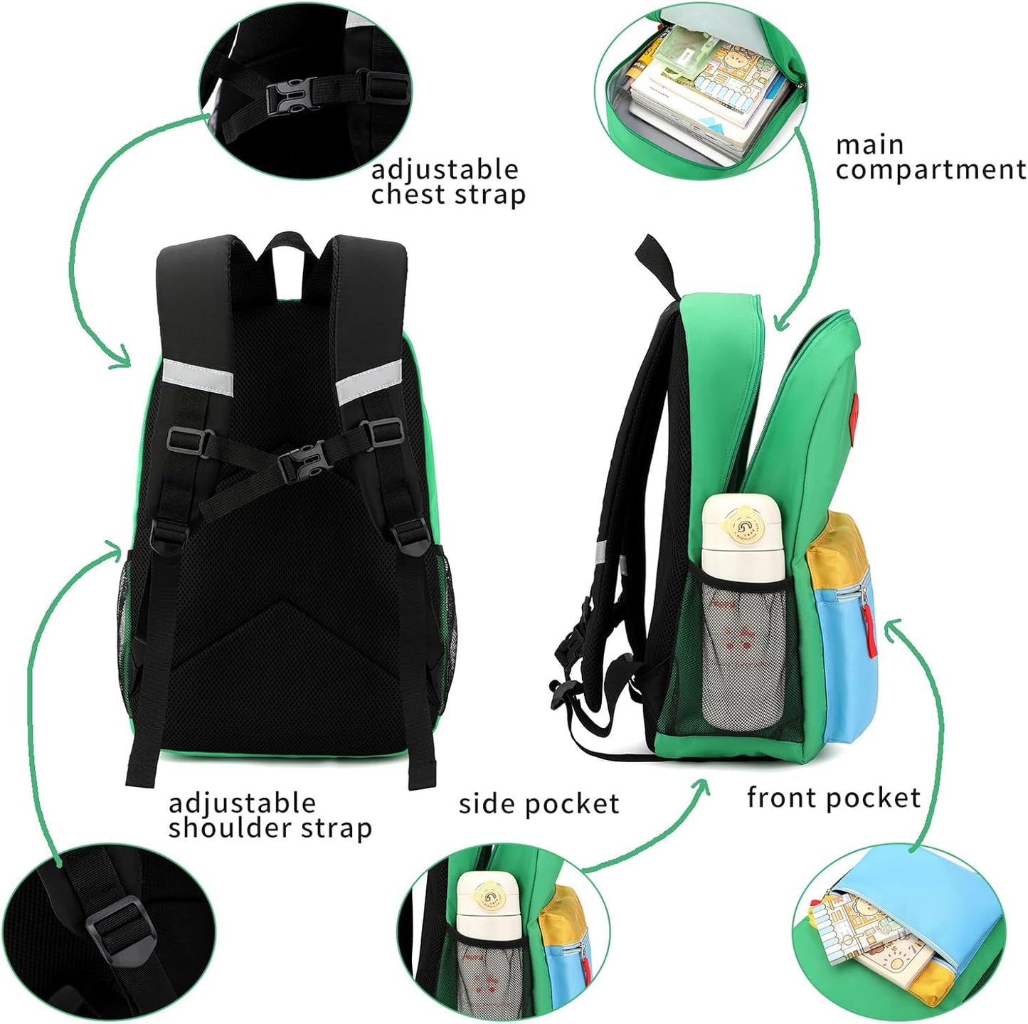 Elementary Backpack for Boys and Girls 5-9 Years Kindergarten Primary Kids Bookbag with Chest Buckle (Green Blue, Large-17inch)