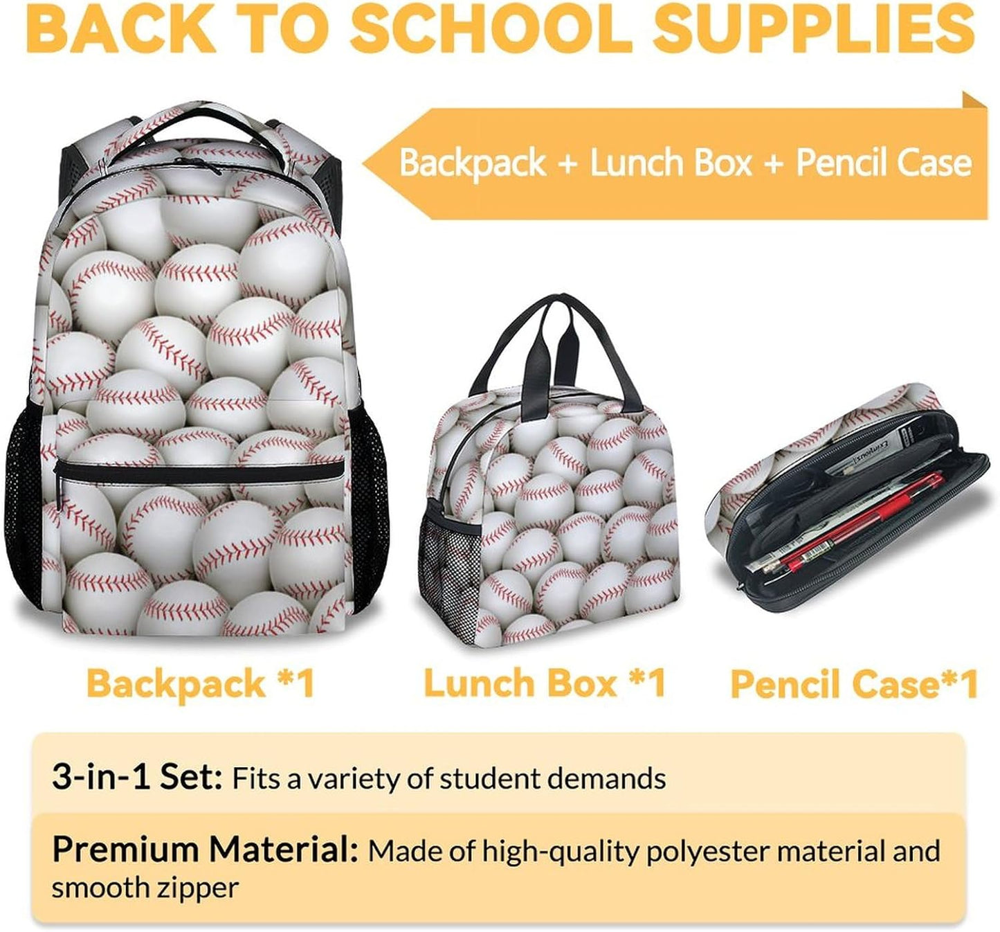Baseball Backpack with Lunch Box Set for Boys, 3 in 1 School Backpacks Matching Combo, Sports White