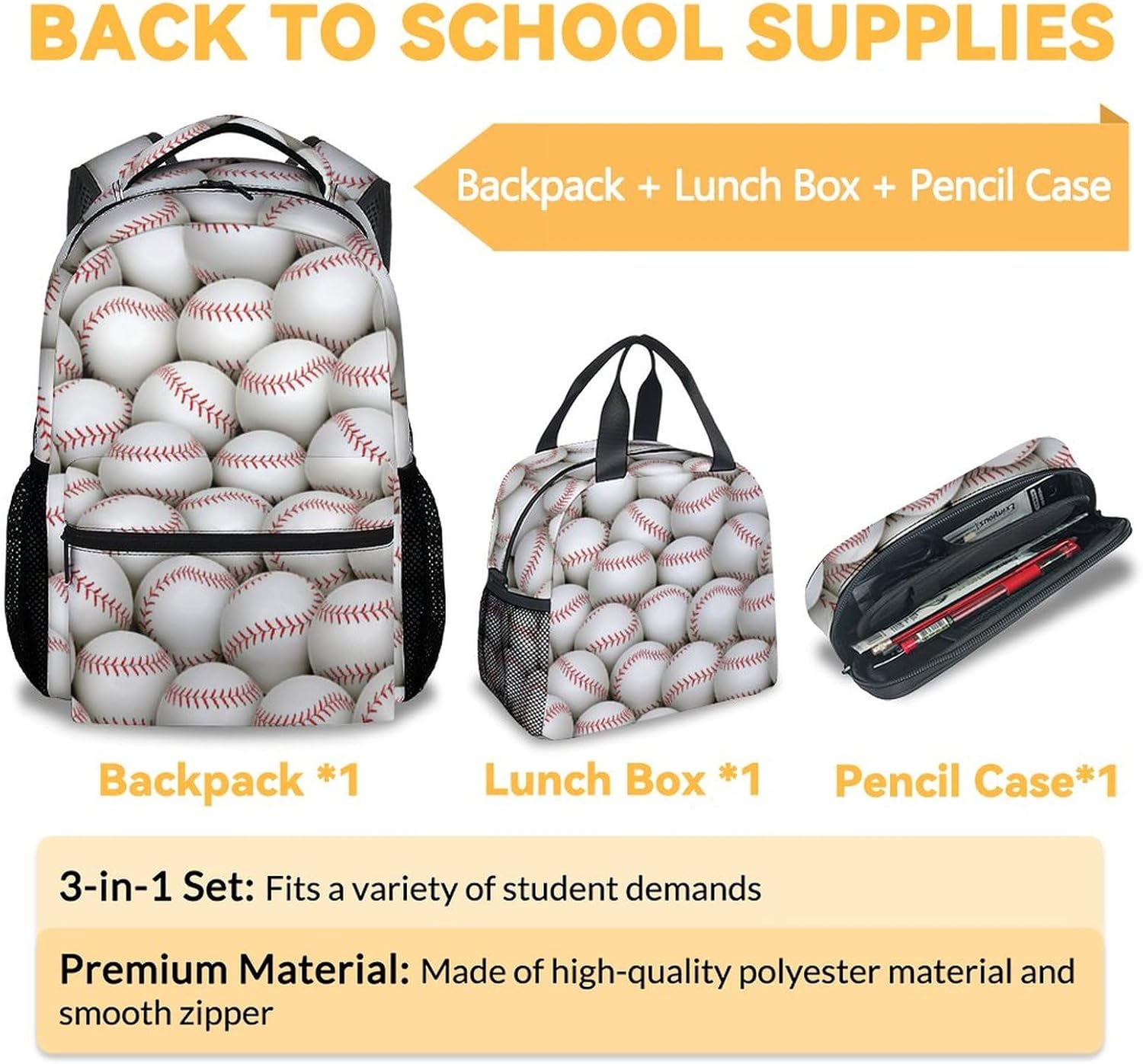 Baseball Backpack with Lunch Box Set for Boys, 3 in 1 School Backpacks Matching Combo, Sports White