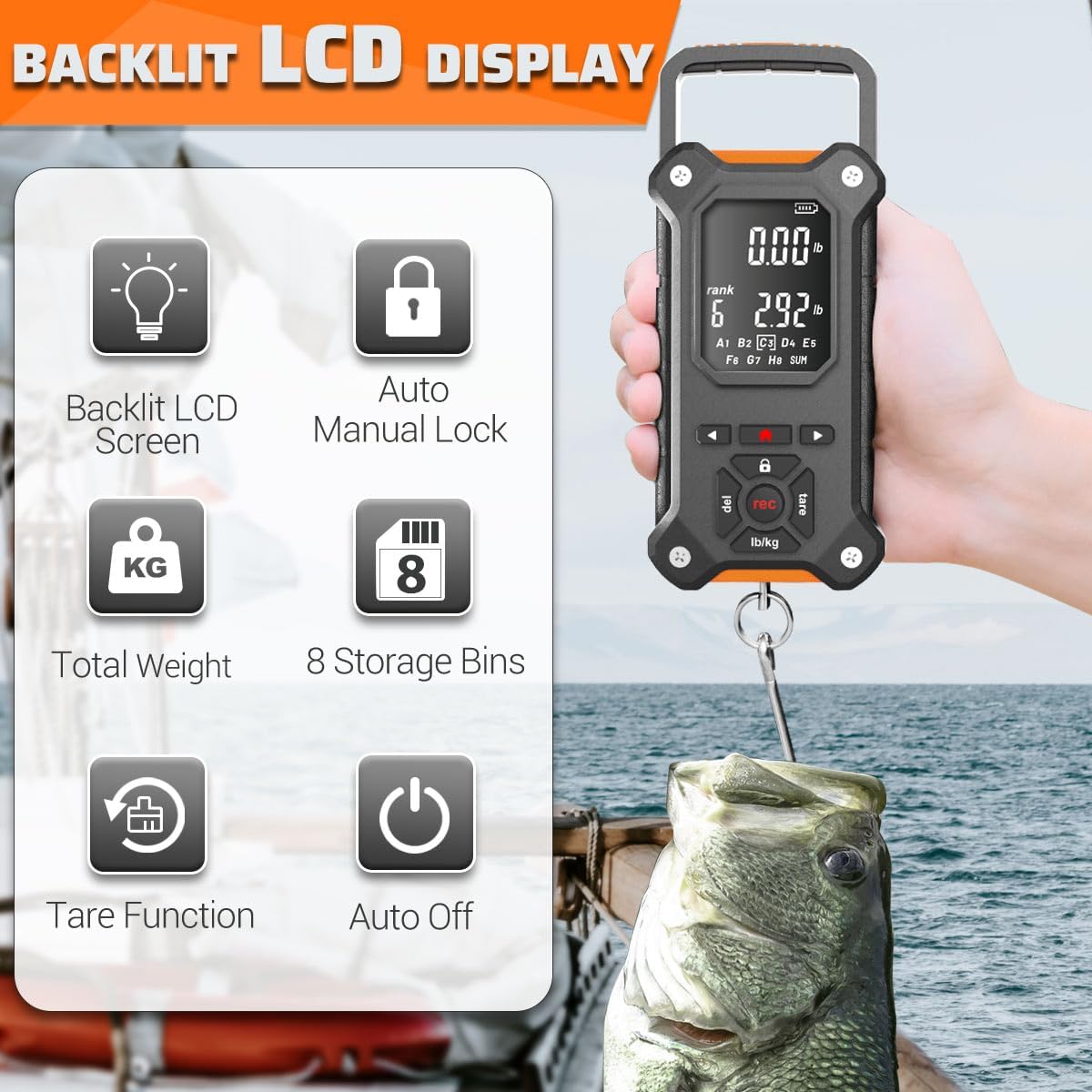 SNAIL TRAIL Fish Scale with Lip Gripper, 50 lbs Tournament Bass Scale with 8 Storage Bins, Digital Fishing Weight Scale with Hook & Clamp, High Contrast Hanging Weigher for Boat, Fishing Gifts for Men
