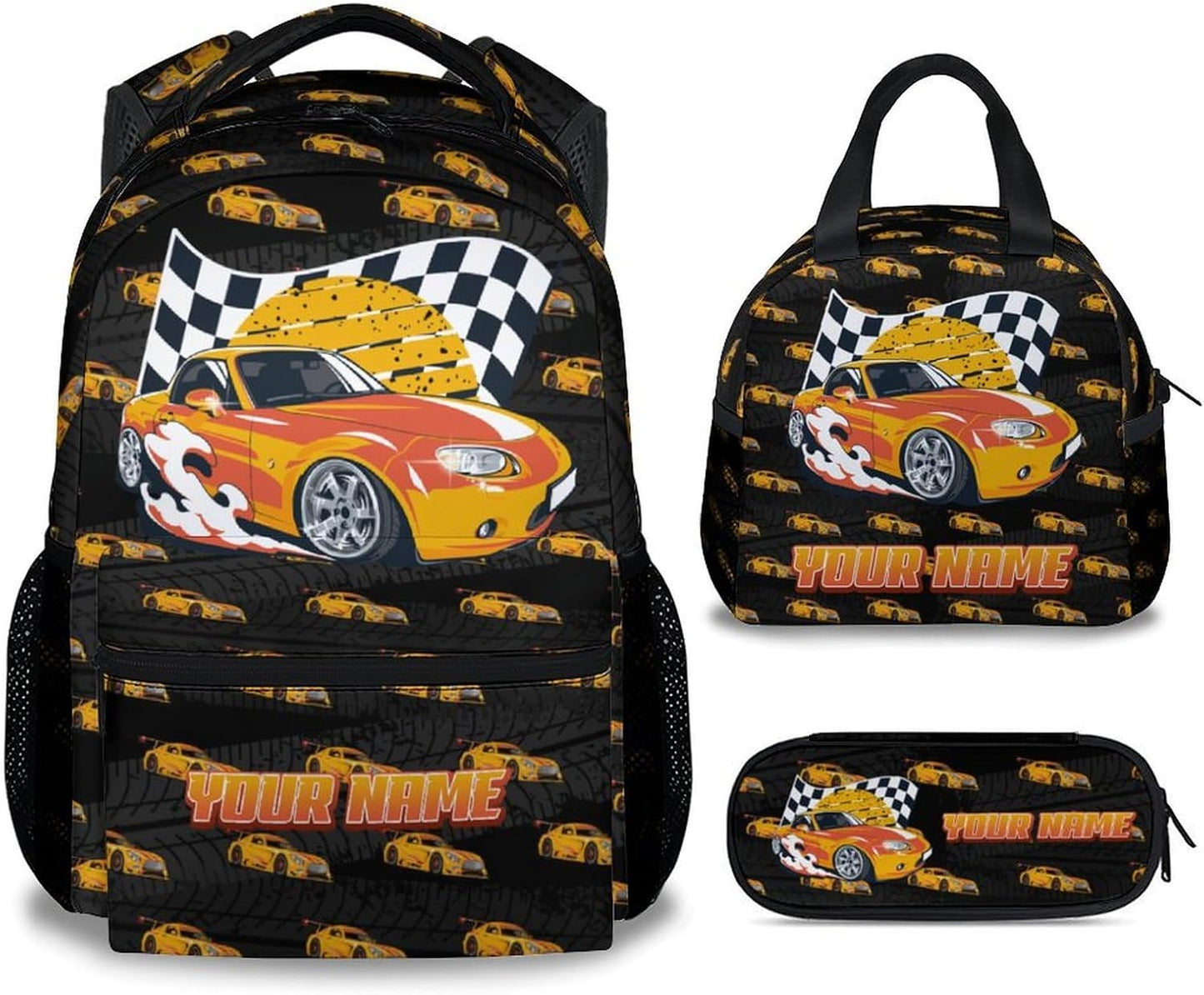 School Backpack for Boys - Personalized 3 in 1 Cool Racing Car Bookbag for Teens Kids - 17 Inch Custom Backpacks with Lunch Bag and Pencil