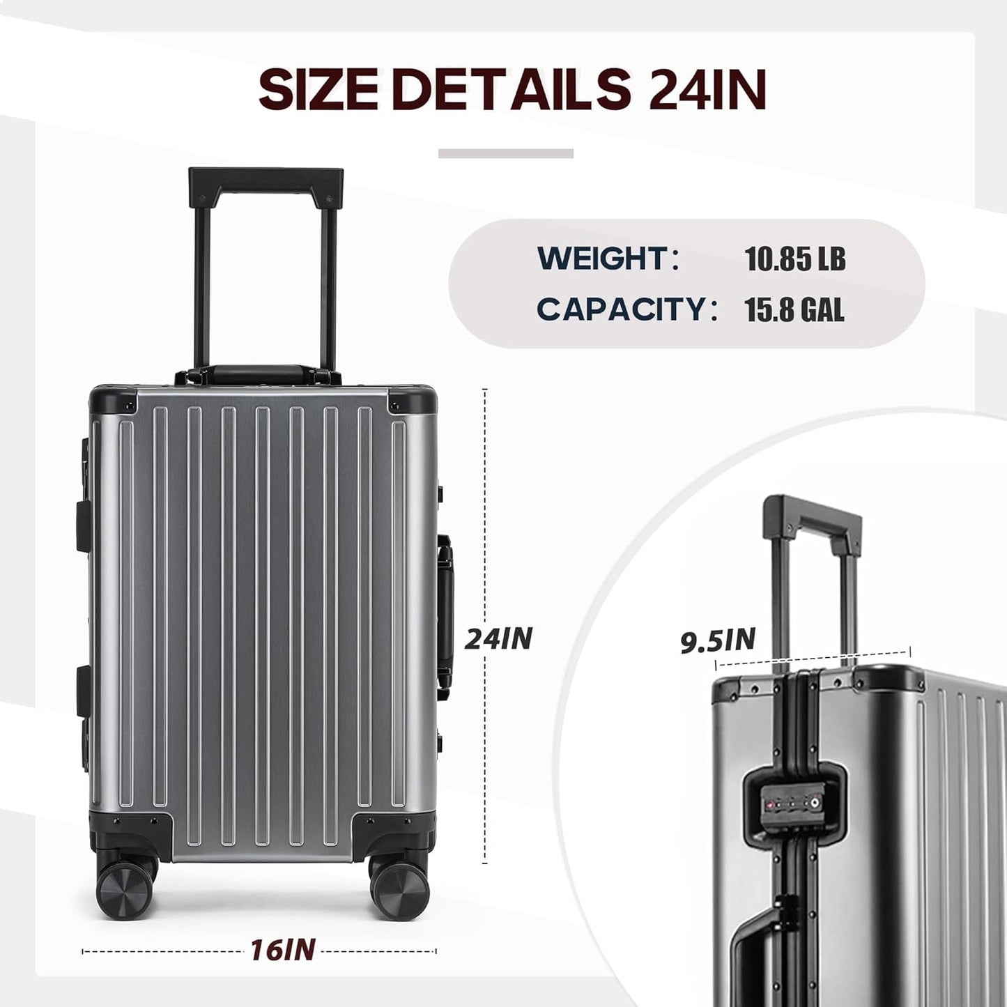 YYW All aluminum-magnesium Carry-On Luggage 24 Inch,Airline Approved Lightweight Suitcase with TSA Lock and Silent Wheels,Suitable for business travel (gunmetal gray, 24in)