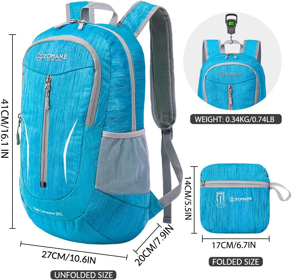 ZOMAKE 25L Ultra Lightweight Packable Backpack, Foldable Hiking Backpacks Water Resistant Small Folding Daypack for Travel(Light Blue)