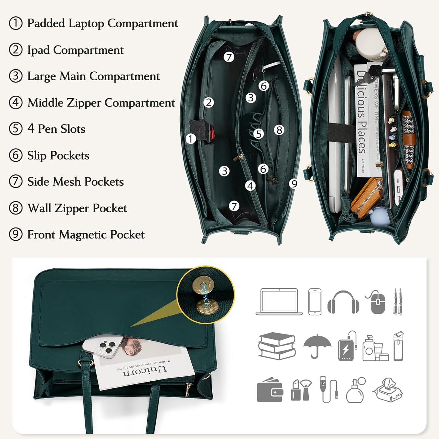 RAINSMORE Laptop Bag for Women 15.6 Inch Work Tote Bags Leather Laptop Tote Waterproof Computer Bag Professional Office Business Briefcase Large Handbag for College Teacher Travel, Green