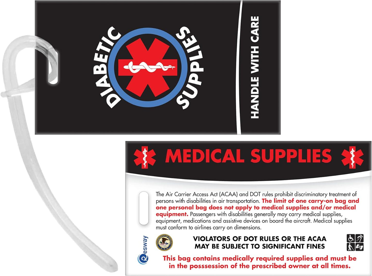 Diabetic Supplies ID Identification Luggage Tag | Black | Medical Alert | Insulin Medical Equipment | Handle with Care | Bag Tag | Luggage Gift