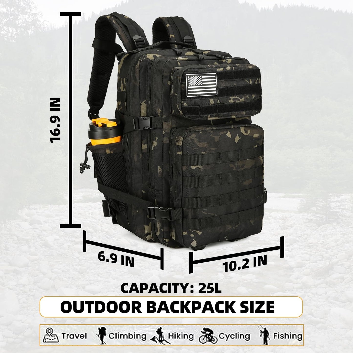 25L Tactical Backpack for Men and Women Military Backpack Army Assault Pack Molle Backpack Small Bug Out Bag Travel Rucksack Daypack (Black Camo)