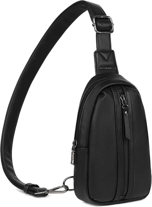 MASINTOR Small Sling Bag for Women and Men - Vegan Leather Crossbody Fanny Pack with Multiple Compartments for Everyday Use Pure Black