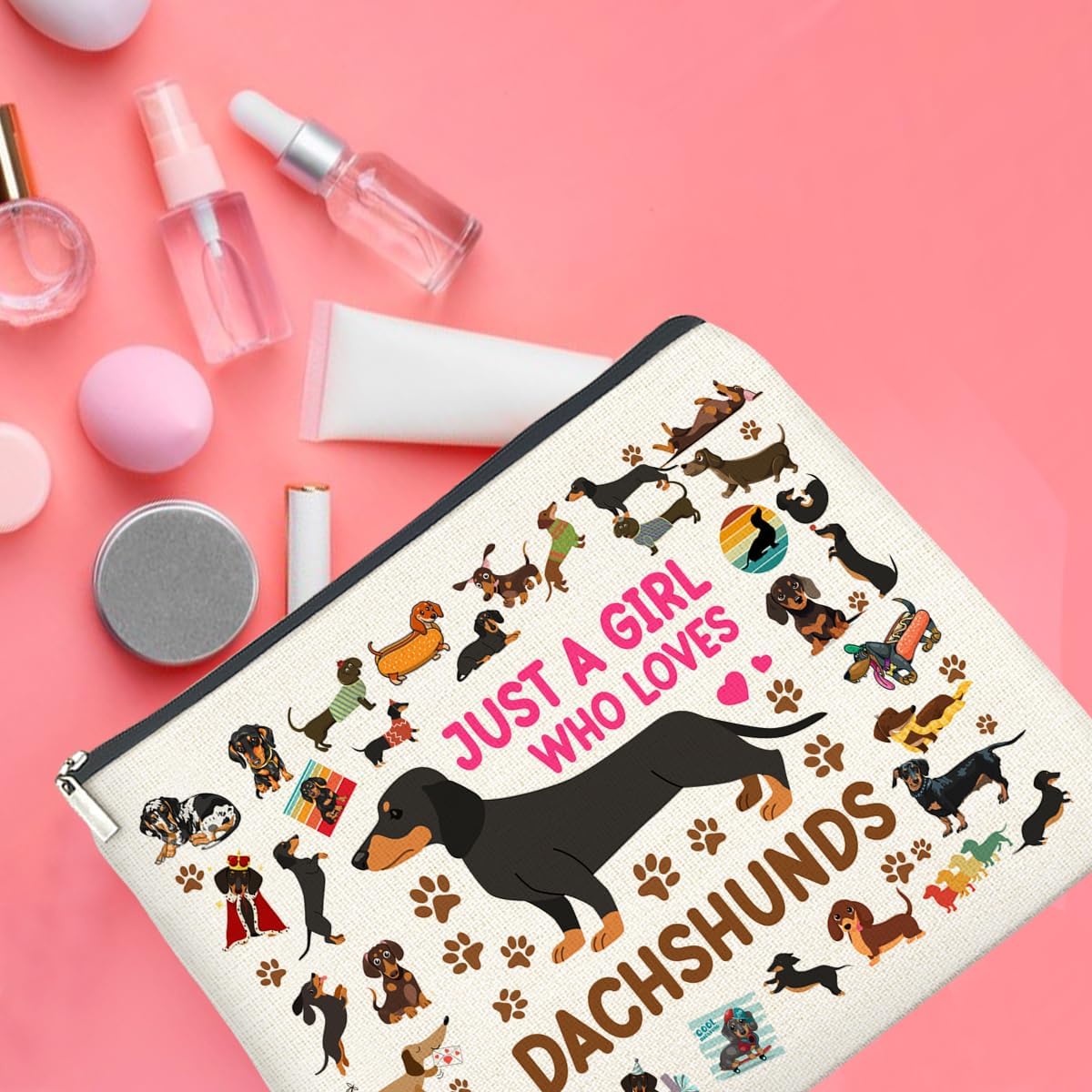 Dachshund Gifts Makeup Bag Weiner Dog Gifts for Girl Women Dog Lovers Cosmetic Bag Just a Girl Who