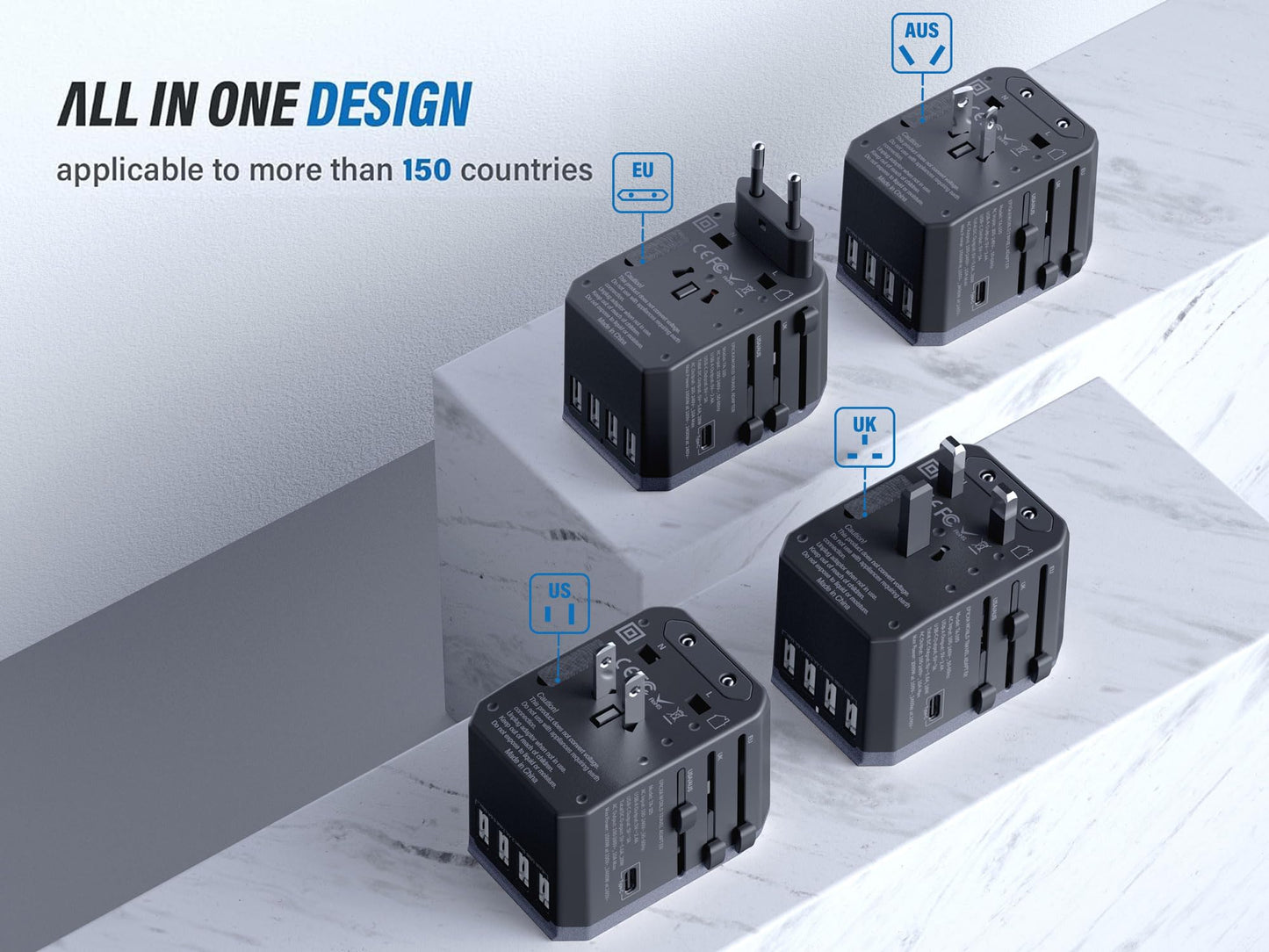 EPICKA Universal Travel Adapter with 1AC/1 USB-C/4 USB-A Ports