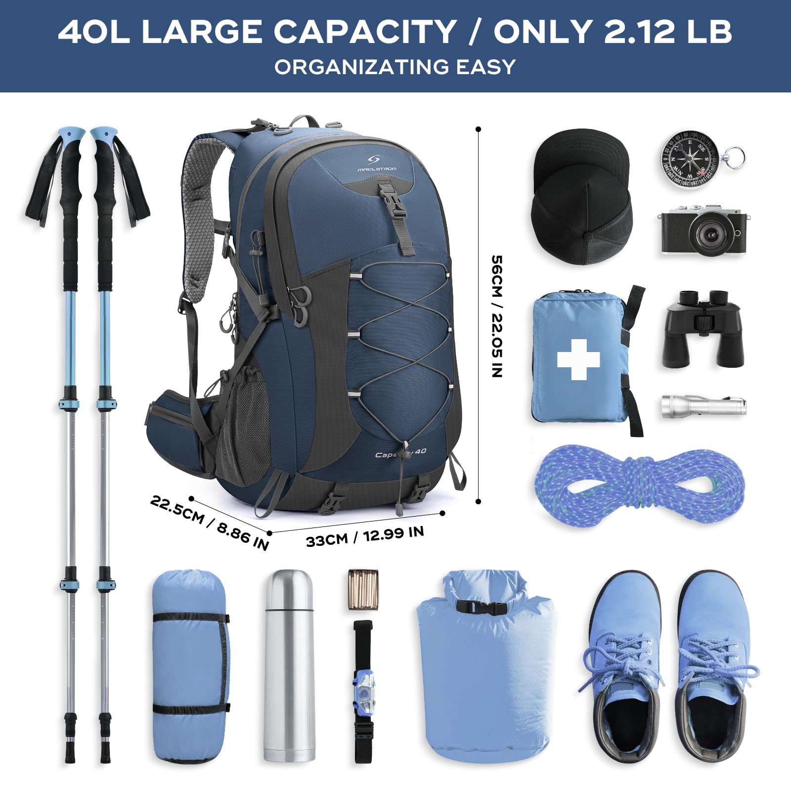 Maelstrom 40L Hiking Backpack, Lightweight Camping Daypack with Rain Cover