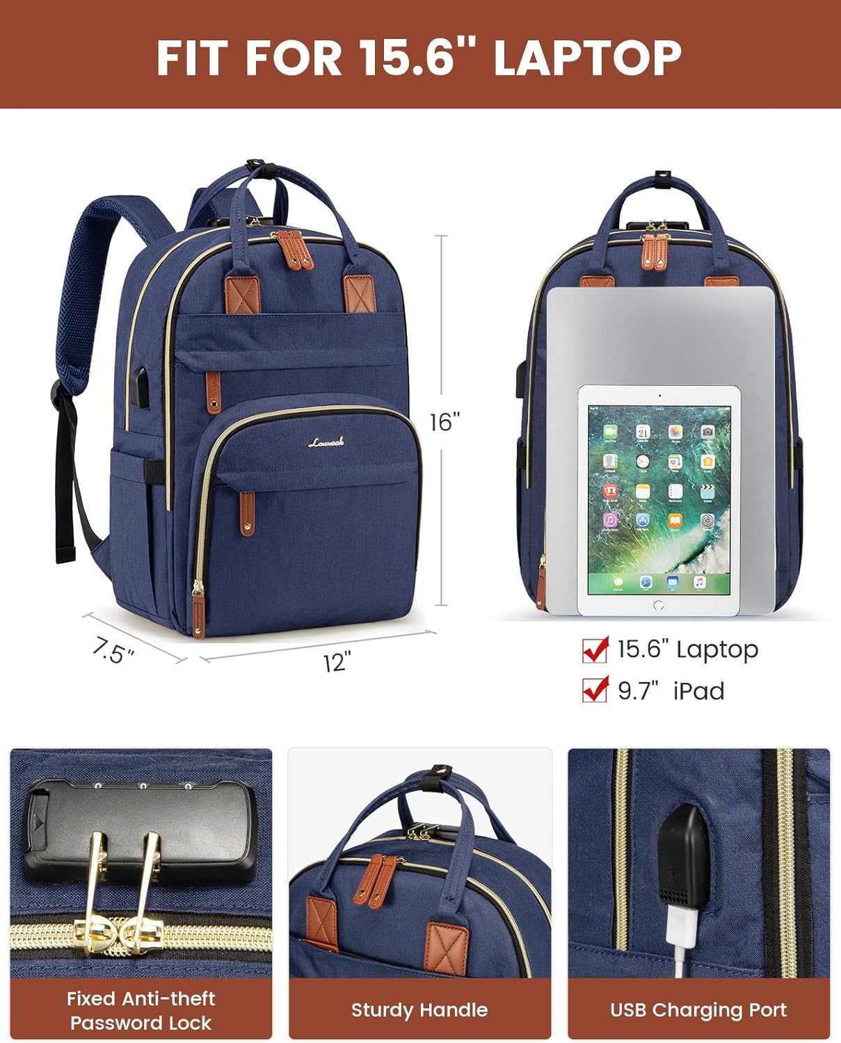 LOVEVOOK Laptop Backpack for Women & Men, Unisex Travel Anti-theft Work College Bag, Business Computer Backpacks Purse, Casual Hiking Daypack with Lock, Fits 15.6 Inch Laptop, Dark Blue