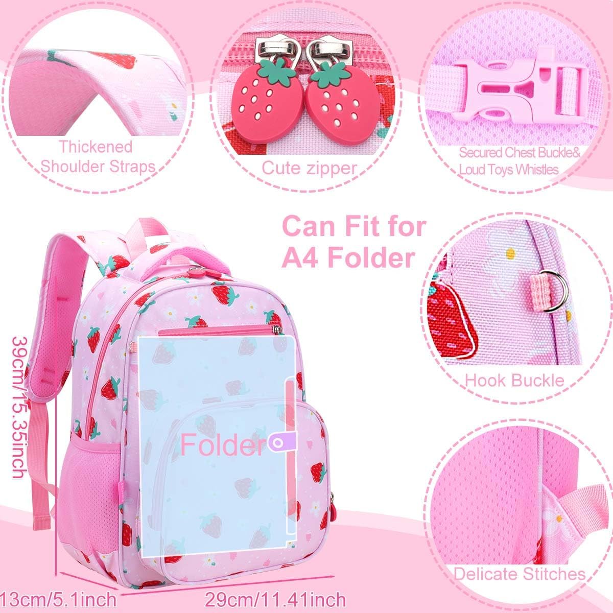 RHCPFOVR Kids Backpack for Girls - Girls Backpack 3-8 Ages Strawberry for Kids 15 Inch School Bookbag for Kindergarten Elementary School Bookbag for Girl 1st 2nd Grade