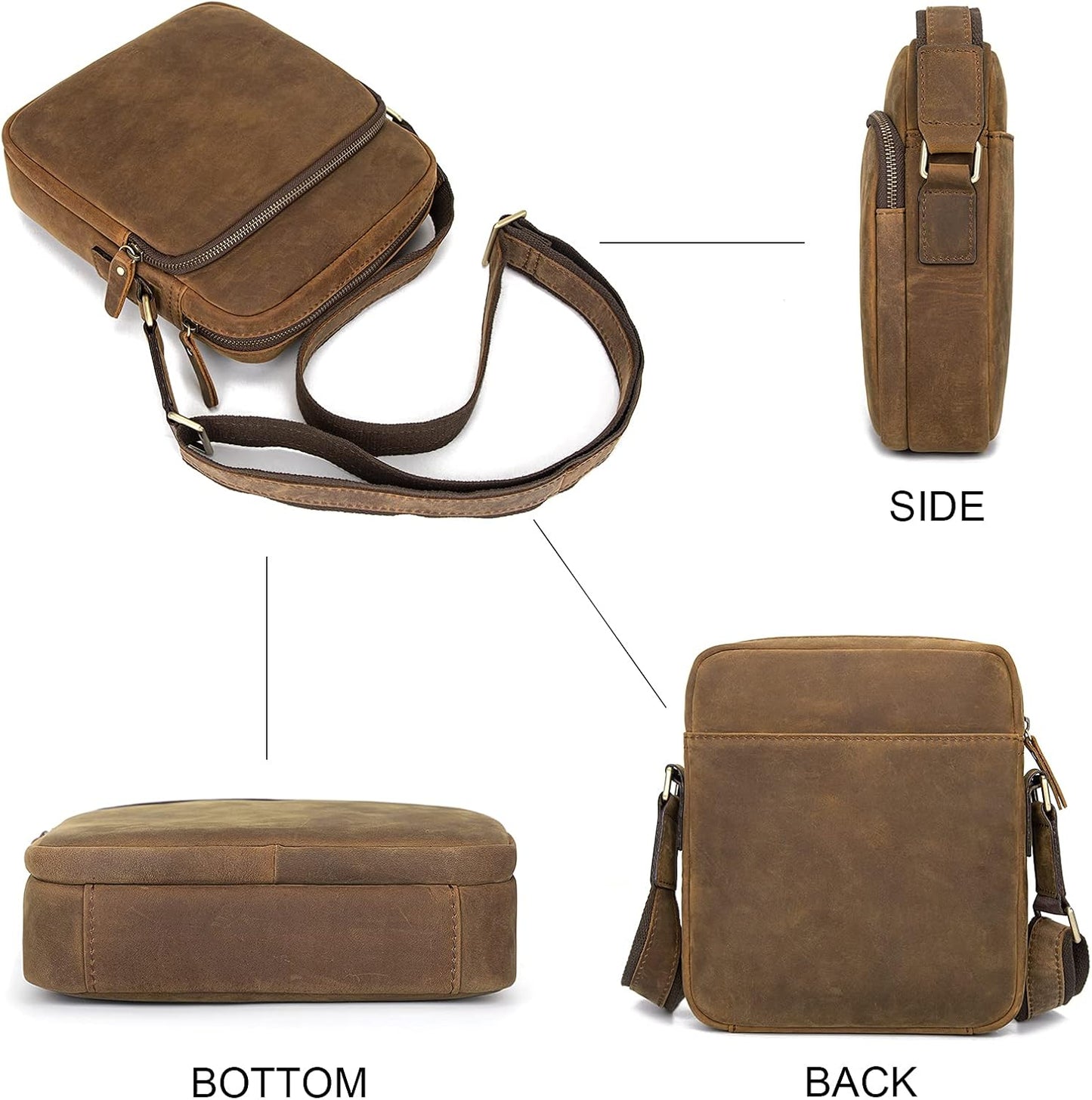 Augus Leather Messenger Crossbody Shoulder Bag for Men Work Business Casual Adjustable straps With YKK Metal Zipper
