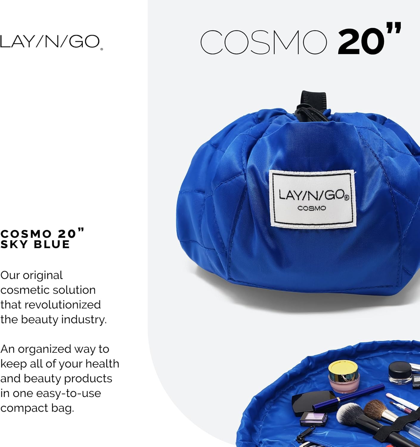 Lay-n-Go Cosmo Lay Flat Drawstring Cosmetic & Makeup Bag Organizer - Zipper Pocket, Brush Loops & Storage - Machine Washable, Toiletry Carrier for Travel, Cinch Closure, Gift (20", Sky Blue)