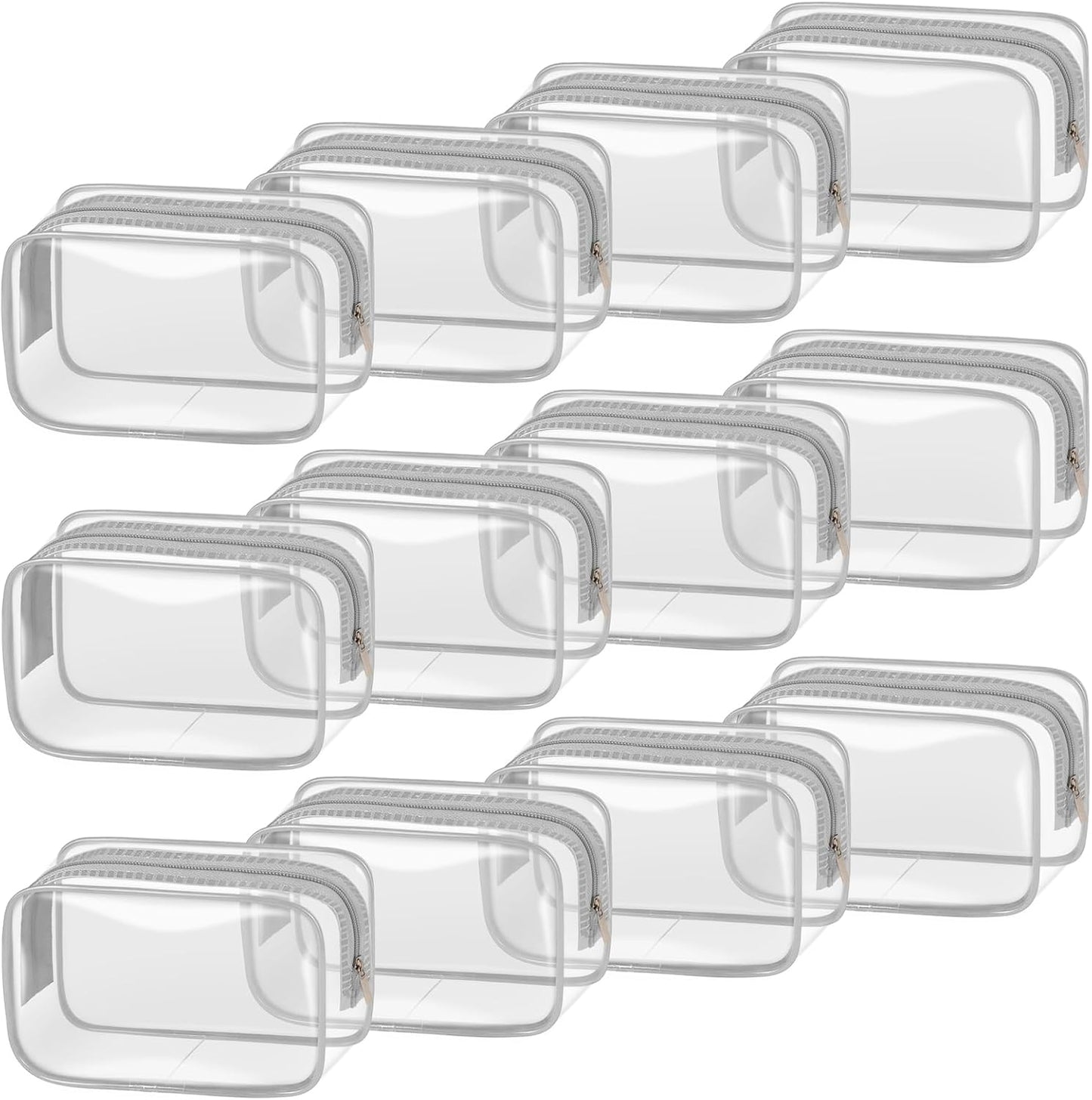 TISRATOK 12 PCS Clear Makeup Bag for Women with Zipper, TSA Approved Toiletry Pouch, Cosmetic Bag Bulk for Travel Organizer Essentials - Grey,Small