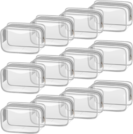 TISRATOK 12 PCS Clear Makeup Bag for Women with Zipper, TSA Approved Toiletry Pouch, Cosmetic Bag Bulk for Travel Organizer Essentials - Grey,Small
