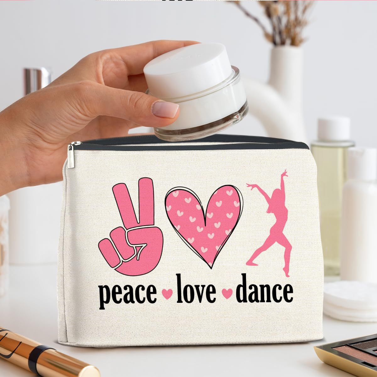 Dance Gifts Makeup Bag Dance Recital Gifts for Girls Women Students Dancers Cosmetic Bag Dance Competition Gift Peace Love Dance Zipper Makeup Pouch, polychrome