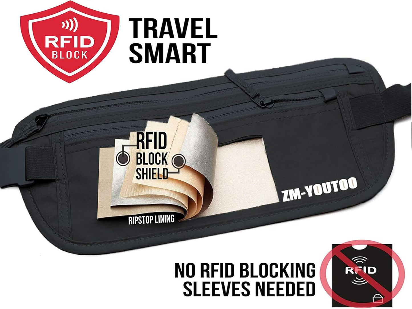 Money Belt for Travel - Hidden Travel Pouch Protect Your Credit and Money With RFID Blocking Passport Holder Waist Wallet (Black)