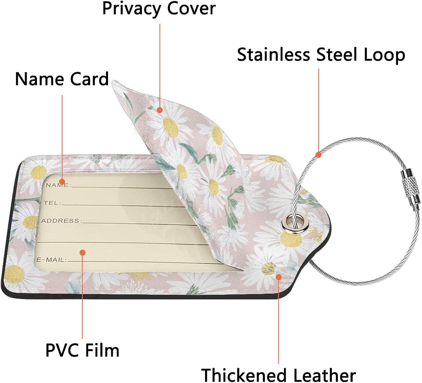 2 Pack Luggage Tags for Suitcase, Privacy Cover ID Label with Stainless Steel and Address Card for Travel Bag Backpack Cruise Ship Essentials Tag Women Girls - Daisy Flower Floral