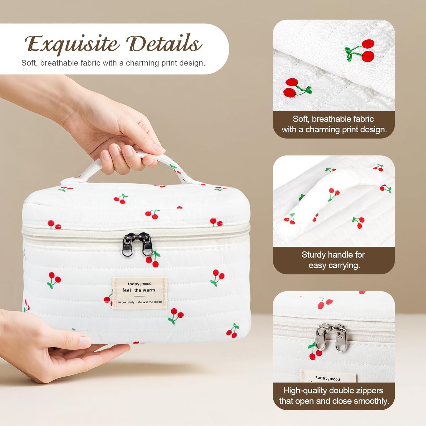3Pcs Cotton Quilted Makeup Bag for Women Girls, Large Floral Cosmetic Bag Set Cute Makeup Brushes Aesthetic Accessories Storage Bag Cherry Travel Toiletry Bag Organizer