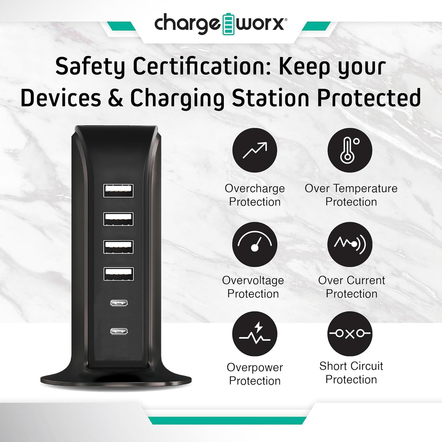 ChargeWorx Multi-Port Charger with 4 USB-A and 2 USB-C Ports, Fast Tower Charging Station, 40-Watt Output, Includes Surge Protector, Fire-Resistant Design, Compatible with iPhone and Android Devices